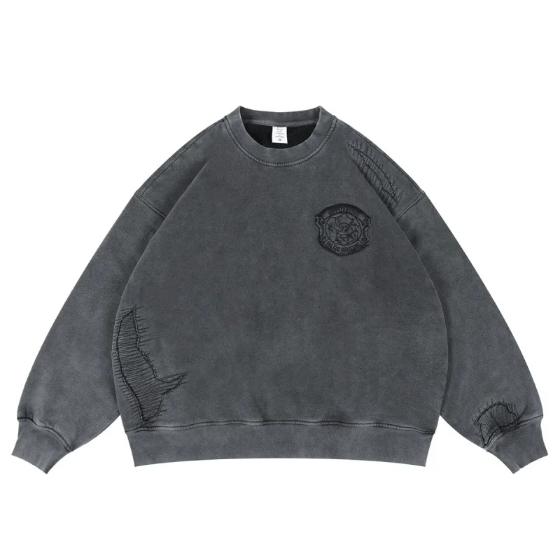 

Мужская свободная винтажная толстовка с вышивкой и нашивками, черный топ с круглым вырезом на флисовой подкладке