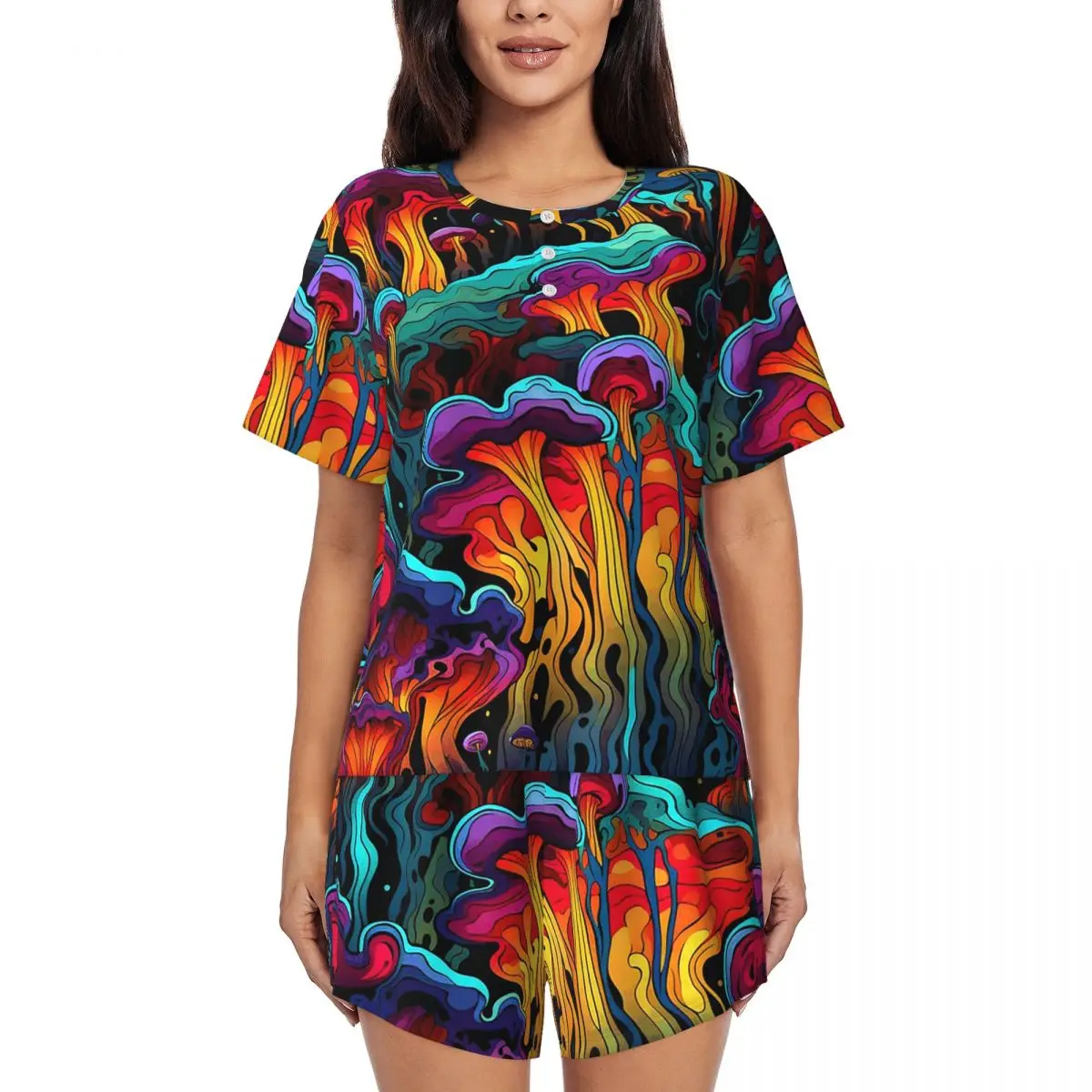 

Acid Trippy Weird Psychedelic Wavy Mushroom Round Neck Short Sleeve Nightgowns for Sleeping Women Loose Pajama Set Short Pants