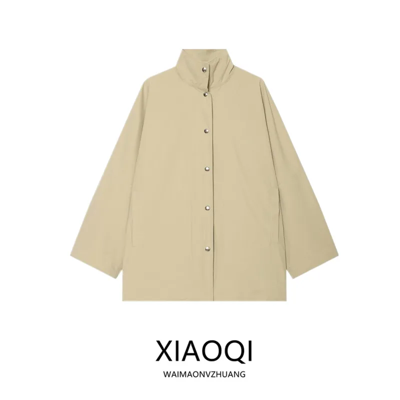 Spring Summer 2026 Women's Fashion Loose Fit Stand Collar Button Jacket Versatile Outerwear Long Sleeve Commute Style