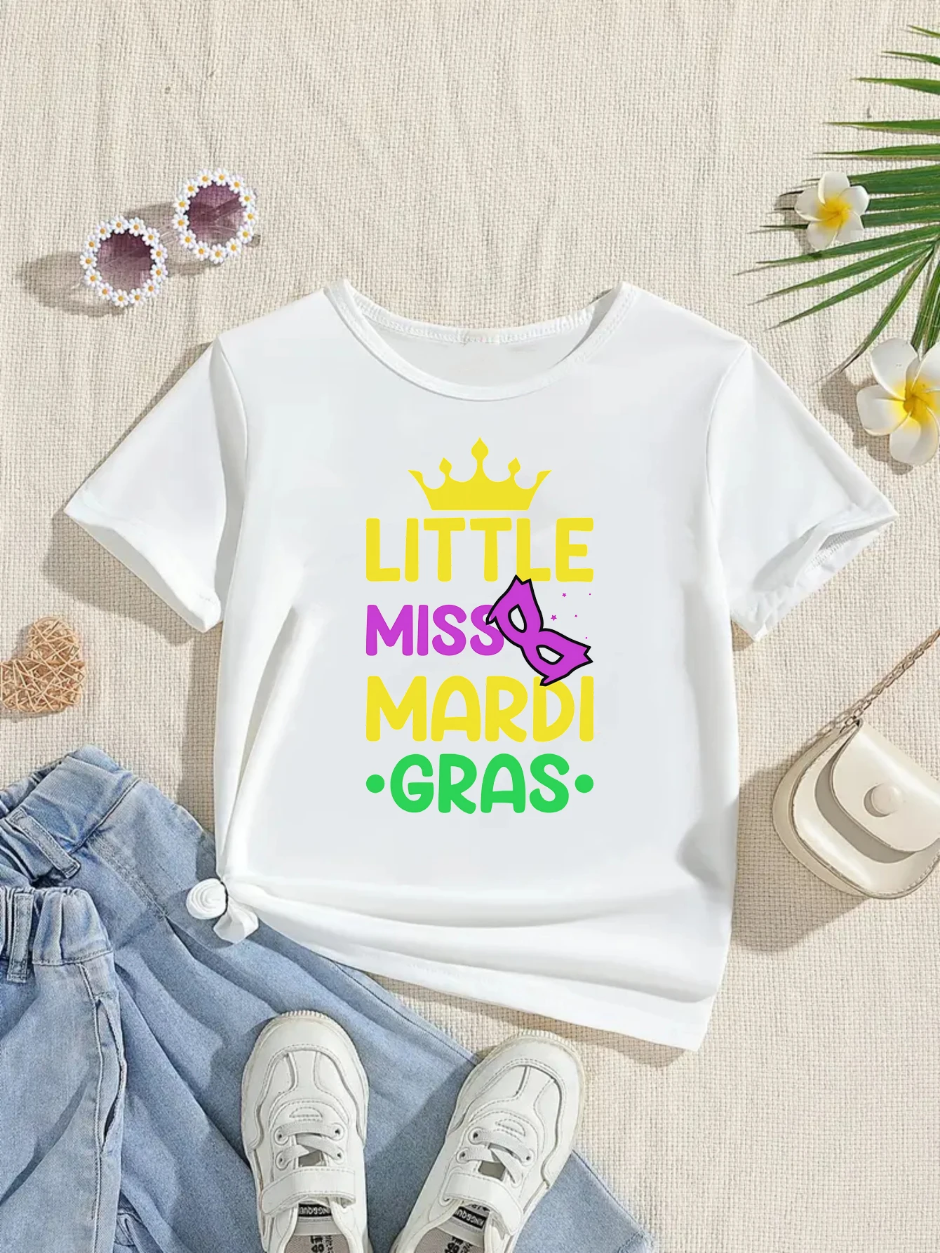 

Mardi Gras Gift T-Shirt Little Miss Mardi Gras Crown Letter Print Tshirt Girls Kawaii Kids Clothes Kawaii Carnival Kids Clothes