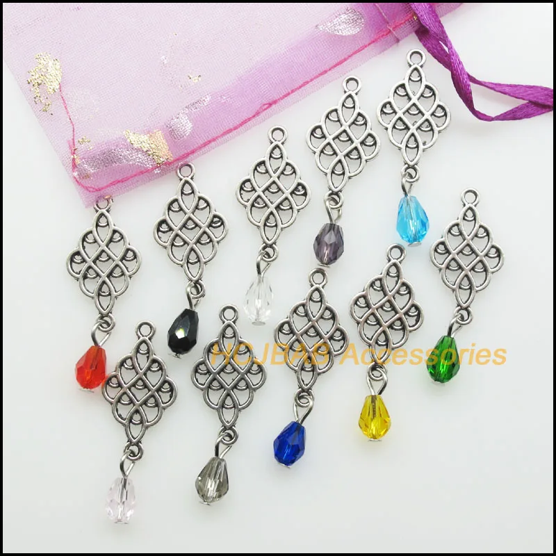 20 New Chinese Knot Charms Tibetan Silver Plated Pendants Mixed Teardrop Crystal 14x25mm