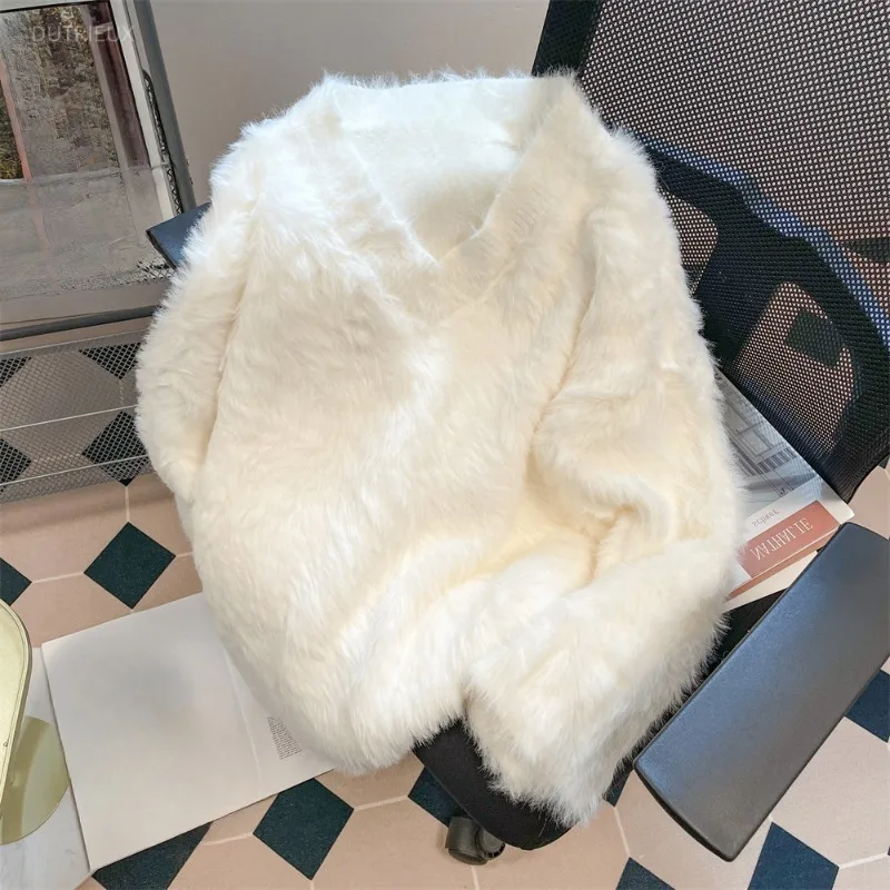 V Neck Thick Warm Women Sweaters Autumn Winter Solid White Loose Pullovers Korean Fashion Vintage Basics Pull Femme