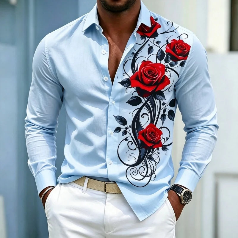 Men's shirt solid color lapel long sleeved shirt with red rose vine pattern printed on one side, slim fit casual trend shirt