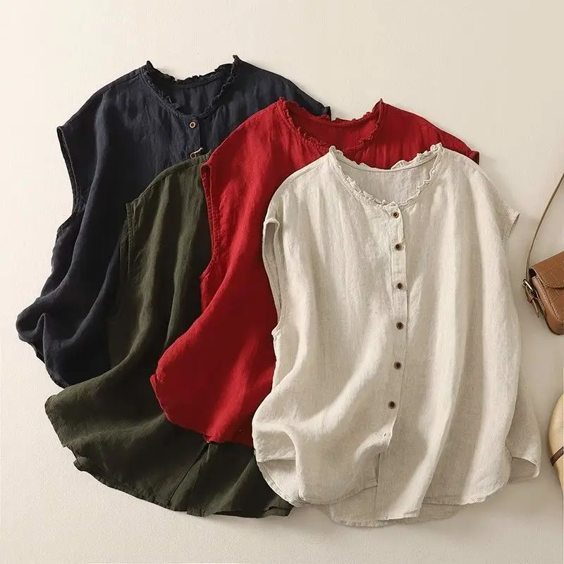 Top sin mangas de algodón y cáñamo para mujer, estilo fresco de verano, color dopamina, con espalda descubierta, cuello con volantes y botones tipo cárdigan.