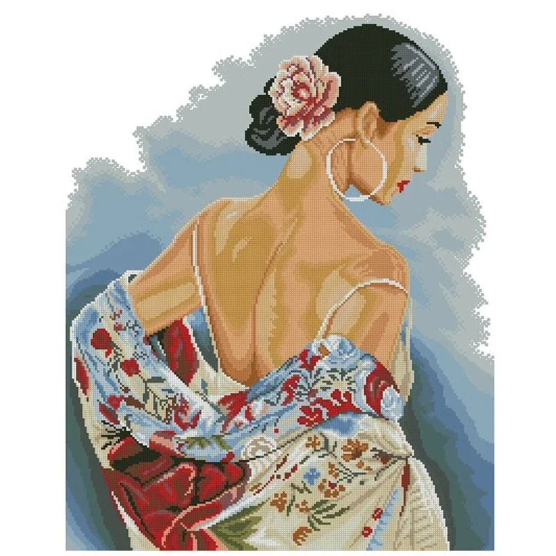 مجموعة ذهبية من Amzy-Woman ، طقم غرزة متقاطعة ، وشاح زهور ، سيدة مثيرة جميلة ، عارية