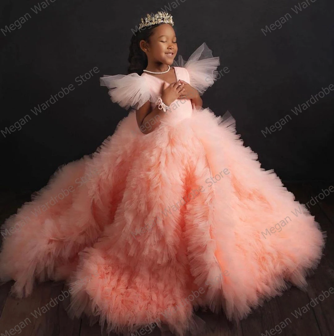 Sweet Pink Princess Lush Ruffles Long Tulle Girls Dresses Fully Ruffled Pleated Photography Party Dress A Line Prom Gowns Kids