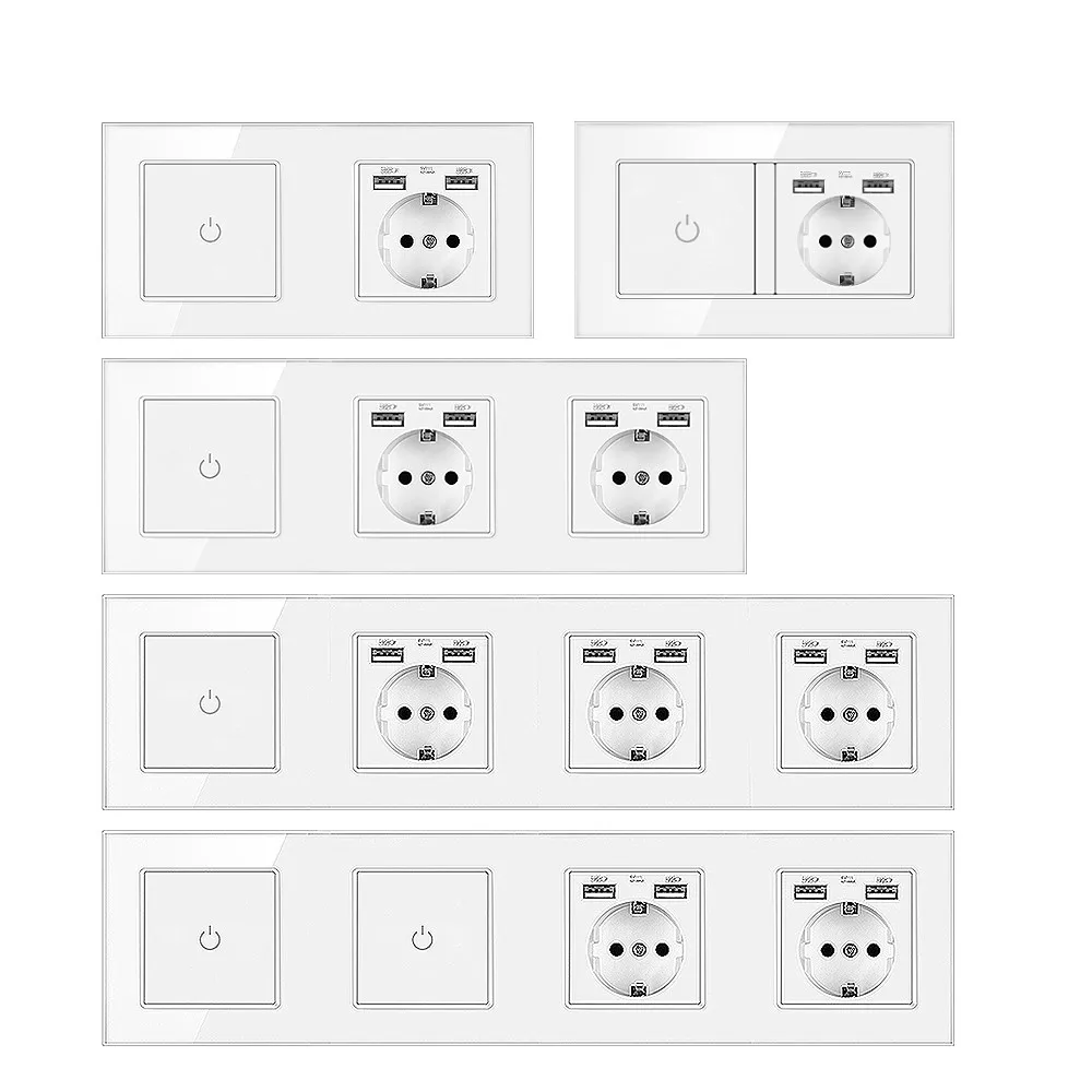 EU 화이트 크리스탈 강화 유리 패널 터치 라이트 스위치, 독일-프랑스 벽 소켓, USB 스위치, RJ45 모듈 조합 DIY