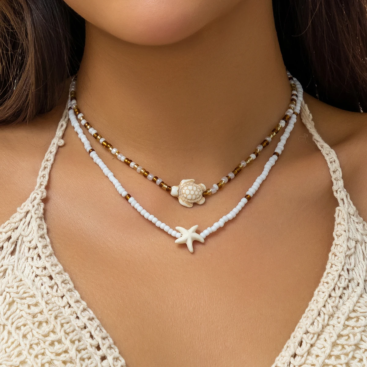 Salircon Bohemian Double Seed Bead Chain Clavicle Necklace Vintage Acrylic Turtle Starfish Pendant Choker Biżuteria plażowa dla kobiet