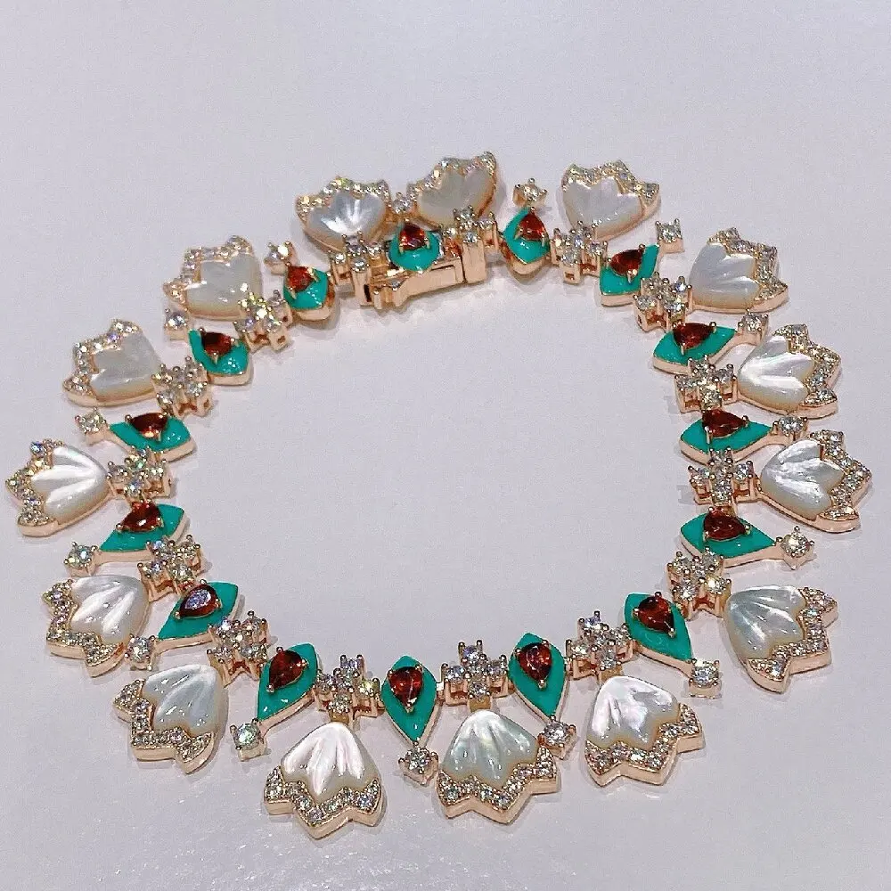 KQDANCE 925 Sterling Silver Luxury Synthetic Zirconia Ruby Turquoise Shell Pearl Fan Shaped Bracelet For Women Fine Jewelry