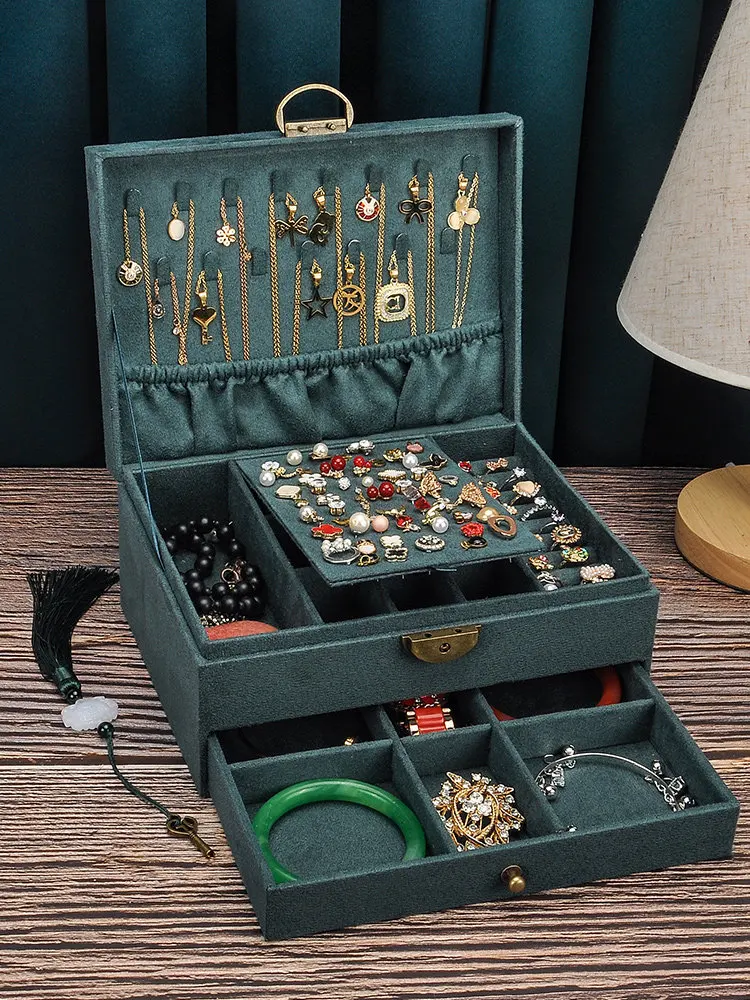 Chinese Embroidery Double Layer Jewelry Box Vintage Silk Storage Organizer for Bracelets Necklaces Wedding Gift