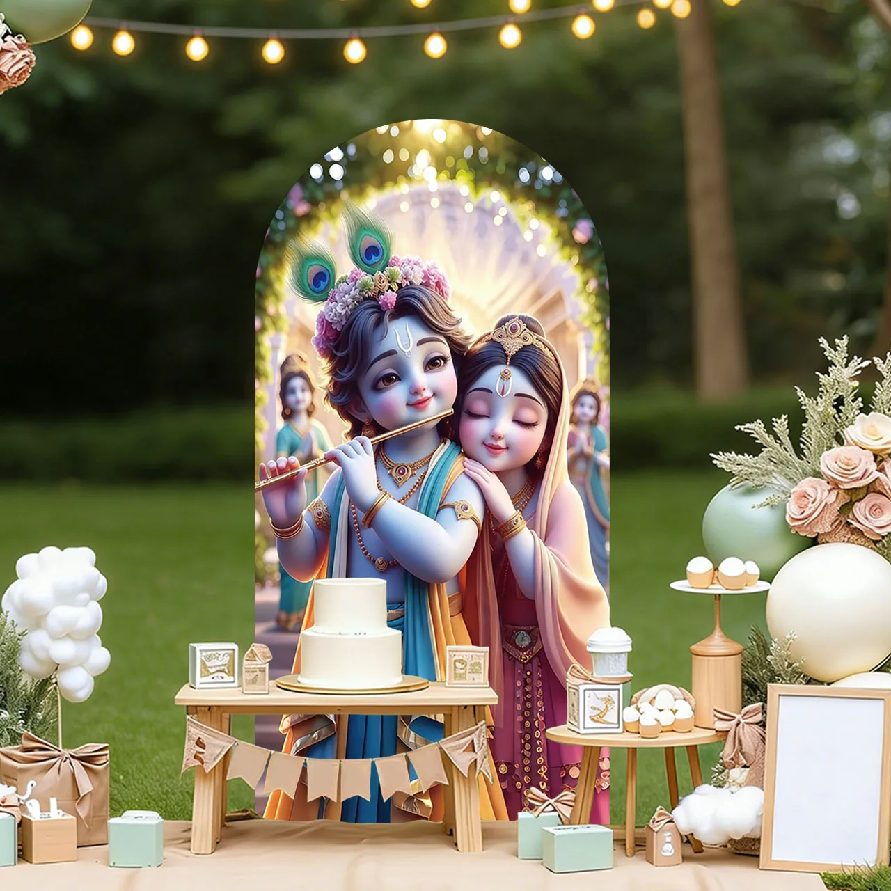 Mehofond Background Custom Name Yasodha and Krishna Peacock Kids Birthday Party Baby Shower Cover Chiara Arch Decor Backdrop