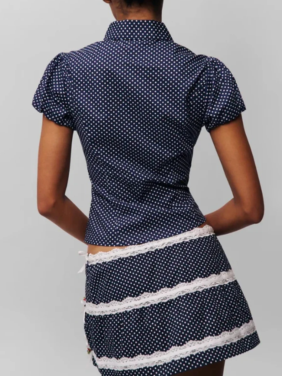 TWOTWINSTYLE Hotsweet Dot Print Set a due pezzi per donna Camicia slim a maniche corte con risvolto Vita alta Gonna con fiocco impiombato Abito femminile
