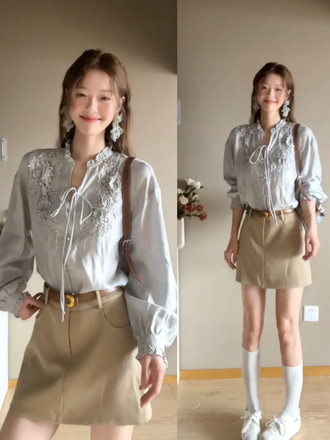 

Ele Long Sve irt Women's Spring Unique Beautiful Loose Slimming Top Heavy Embroidery Bow Tie Stand Collar Casual Wear