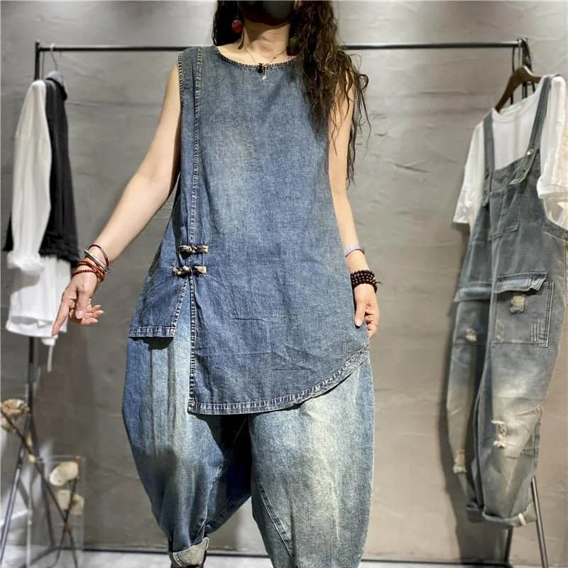Denim Vests O-neck Soild Casual Korean Style Slit Hem Sleeveless Tank Tops Asymmetrical Loose 2026 Summer Sale Women Clothing