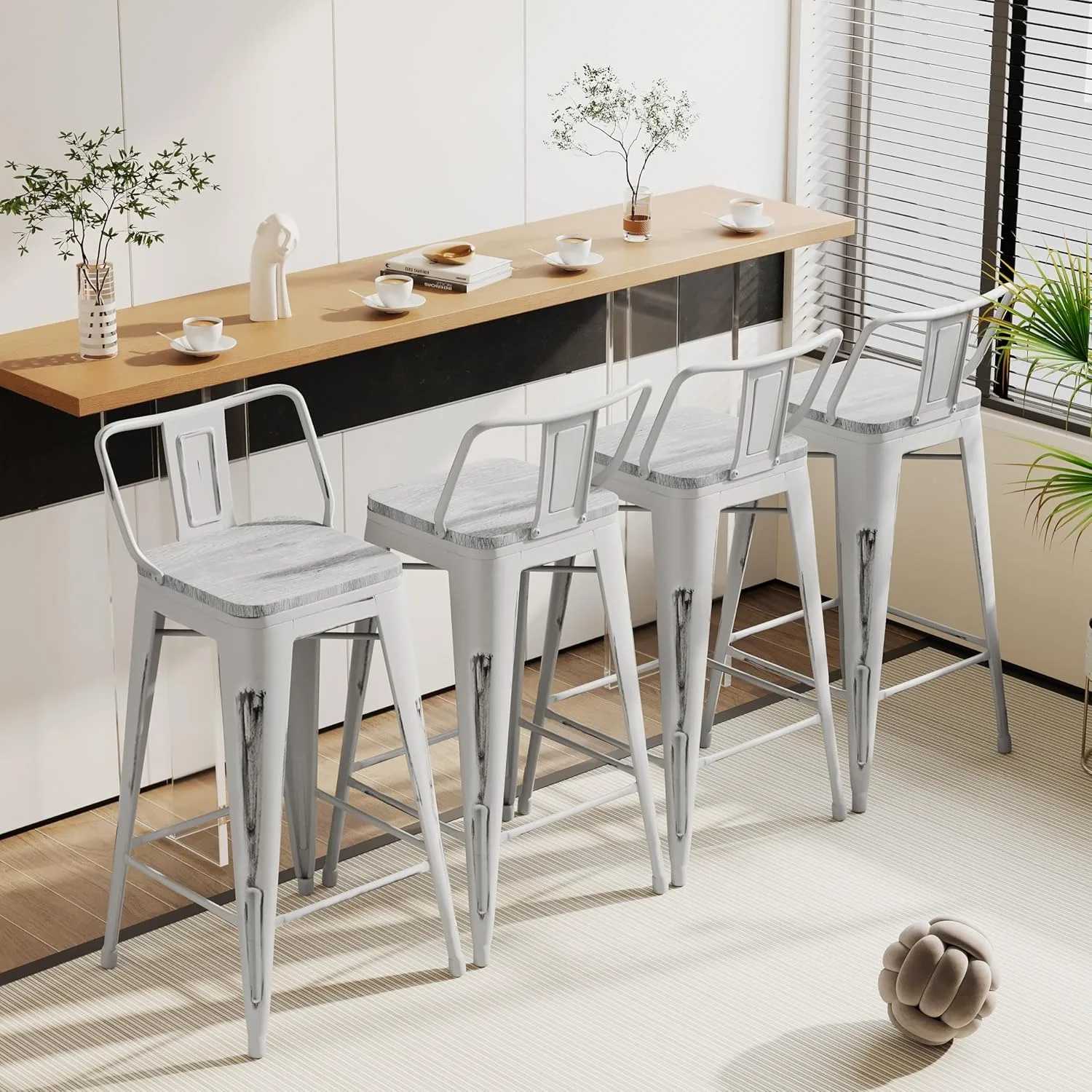 

26" Industrial Metal Bar Stools Set of 4 Counter Height Barstools Kitchen Bar Chairs with Wooden Top-Low Back, Distressed White