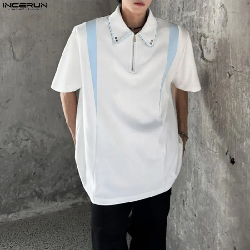 INCERUN الرجال قميص المرقعة اللون كتلة التلبيب قمصان قصيرة الأكمام الملابس الشارع الشهير فضفاض سستة الكورية نمط عارضة الذكور قمم #3