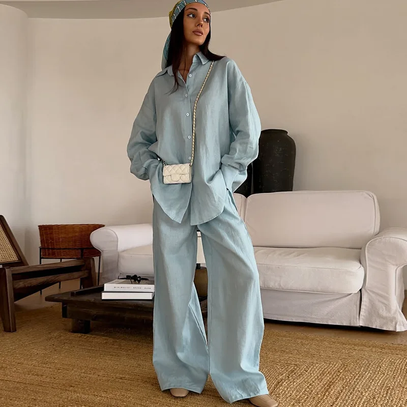 

Женская одежда, новинка лета 2025 года, модная свободная рубашка с длинными рукавами и лацканами, широкие брюки, повседневный костюм, клубная одежда, Vestido