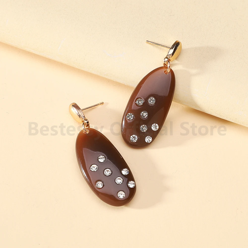 ZAA Vintage Rhinestone Inlay Caramel Resin Teardrop Dangle Earrings for Women Elegant Daily Casual Fashion Jewelry Accessories
