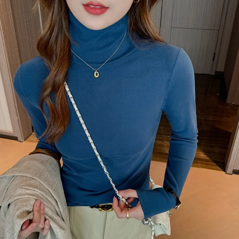 Autumn and Winter German Velvet Turtleneck with High-end Polished Bottoming Shirt, Women's High Elastic Tops Shirts for Women