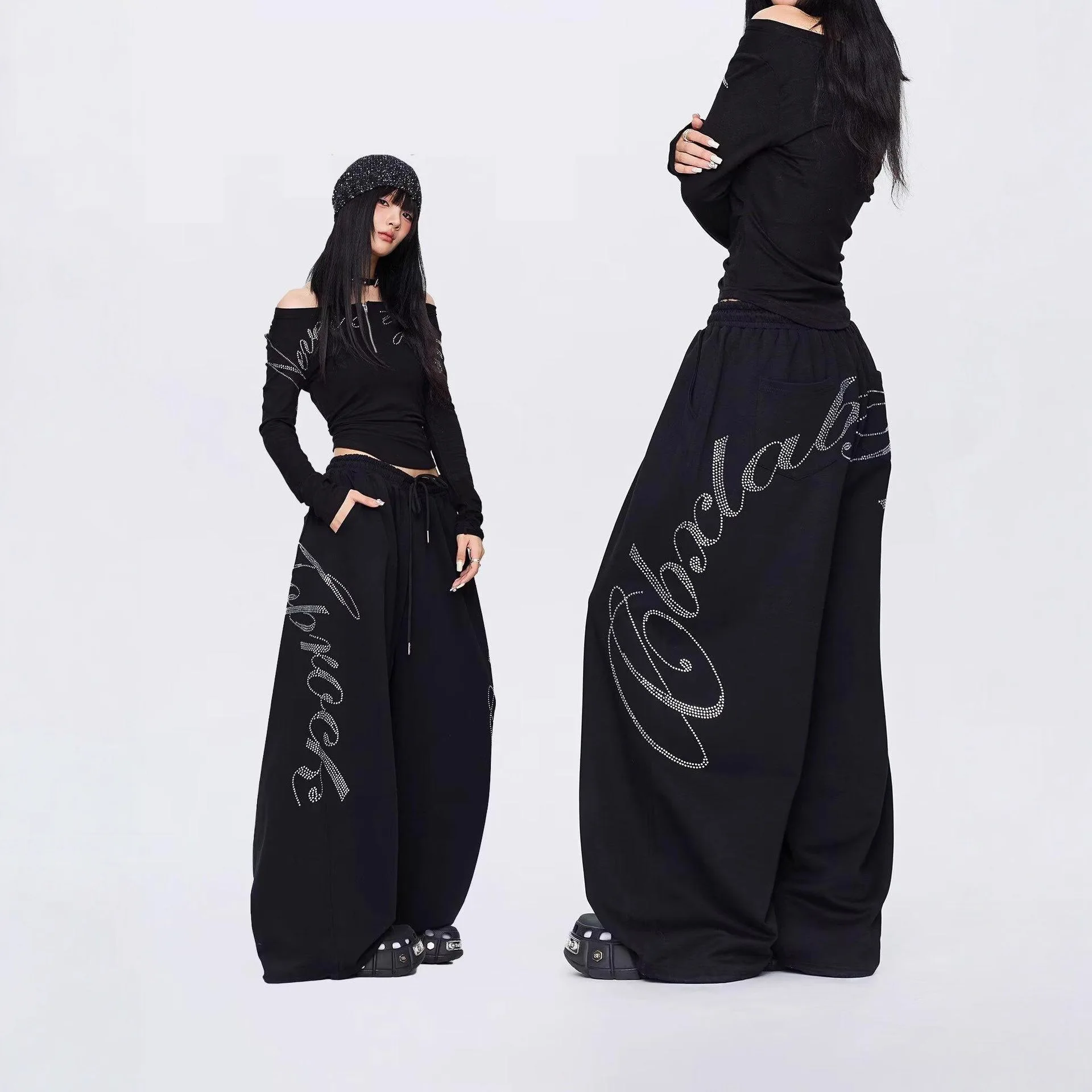 Vintage Hip-hop Rhinestone Black Hip-hop Casual Sweatpants for Women, Winter Design Jazz Dance Curved Knife Pants