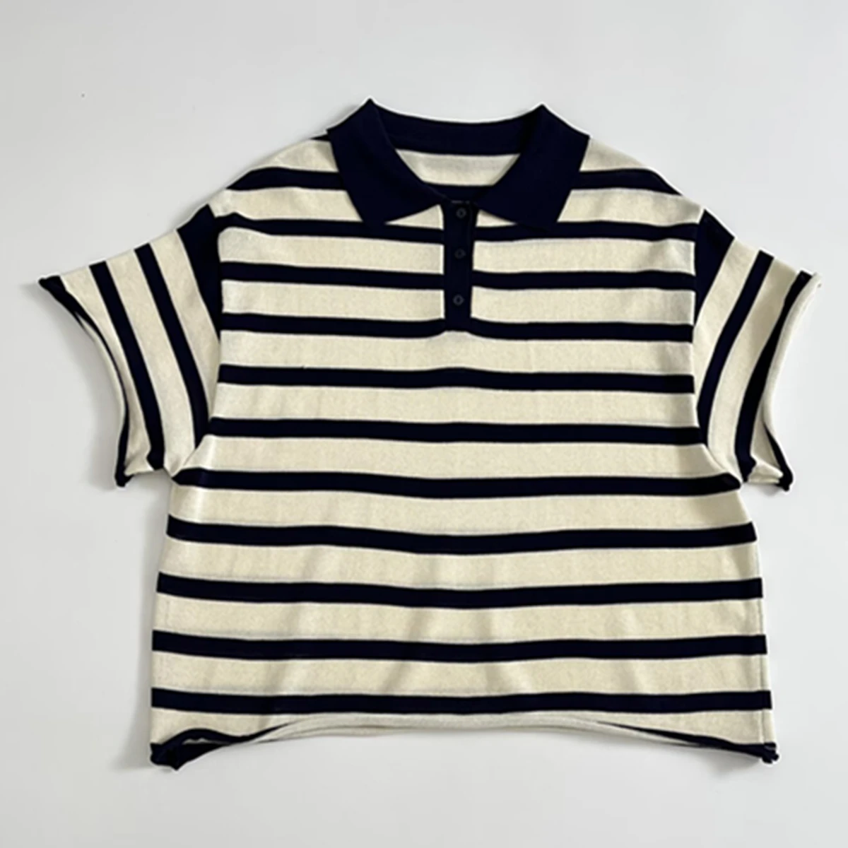 

Dave&Di French Retro Navy Blue Striped Polo T-shirt Women Minimalist Fashion Ladies Summer Short-sleeved T-shirt Female Tops