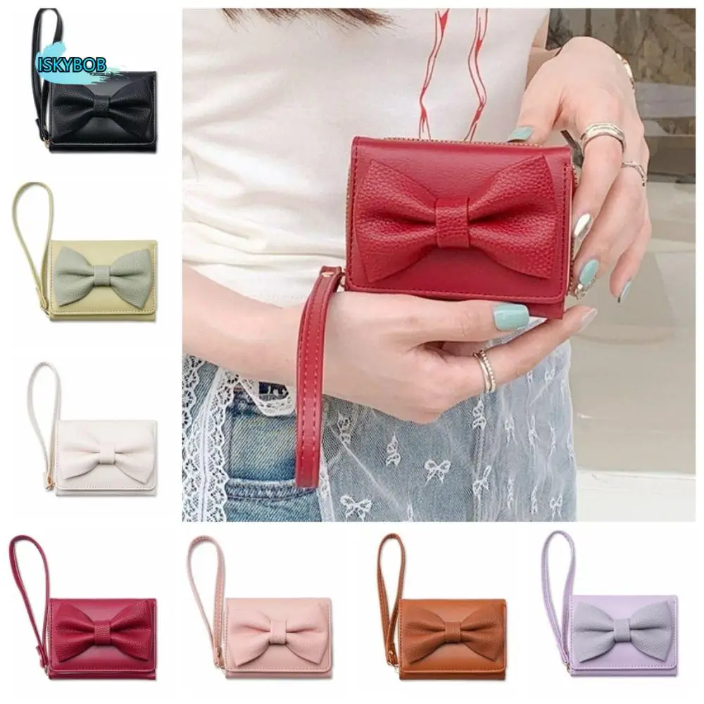 

Portable Pu Leather Bow Short Wallet Multifunctional Korean Style Triple Fold Wallet Card Bag Coin Purse Clutch Bag Outdoor