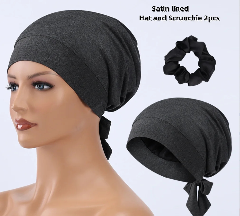 Satin Lined Bonnet Cap For Women Men Adjustable Soft Bamboo Sleeping Hat Curly Hair Care Silk Night Cap With Hair Tie Headwrap