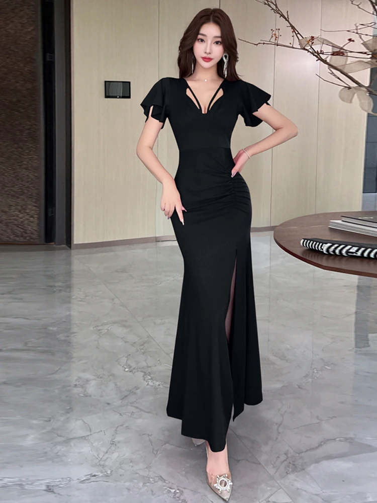 Feminino elegante vestido vermelho sexy com decote em v recorte lateral fenda bodycon sereia bainha mangas inchadas verão chique casual praia resort robe