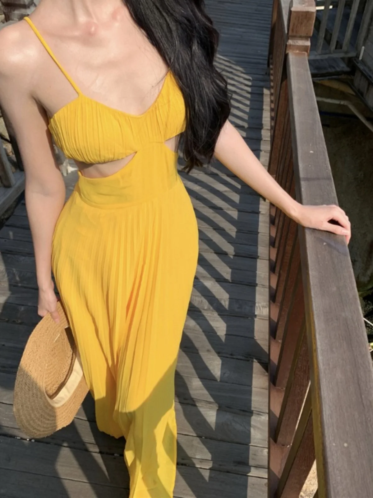 Vestido Largo de Playa, Color Amarillo, Estilo Delgado, con Tirantes, Falda Midi Informal de Cintura Alta, Ropa de Verano