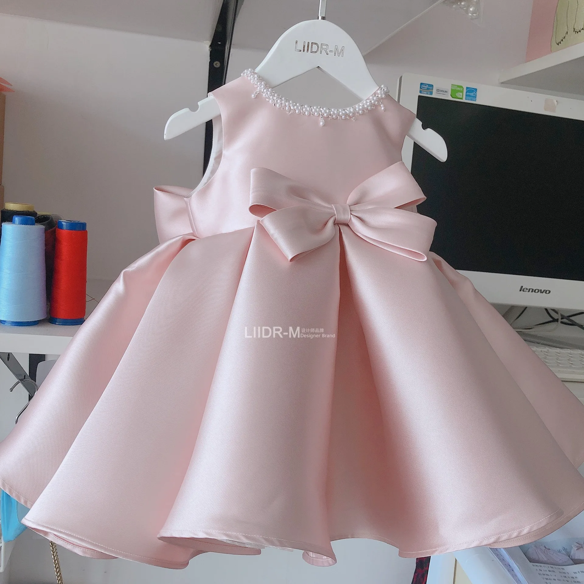 

Children Girls Party Dresses Bow Beads 1 Year Birthday Baby Girls Dress Wedding Formal Kids Dresses For Girl Eid Baptism Gowns