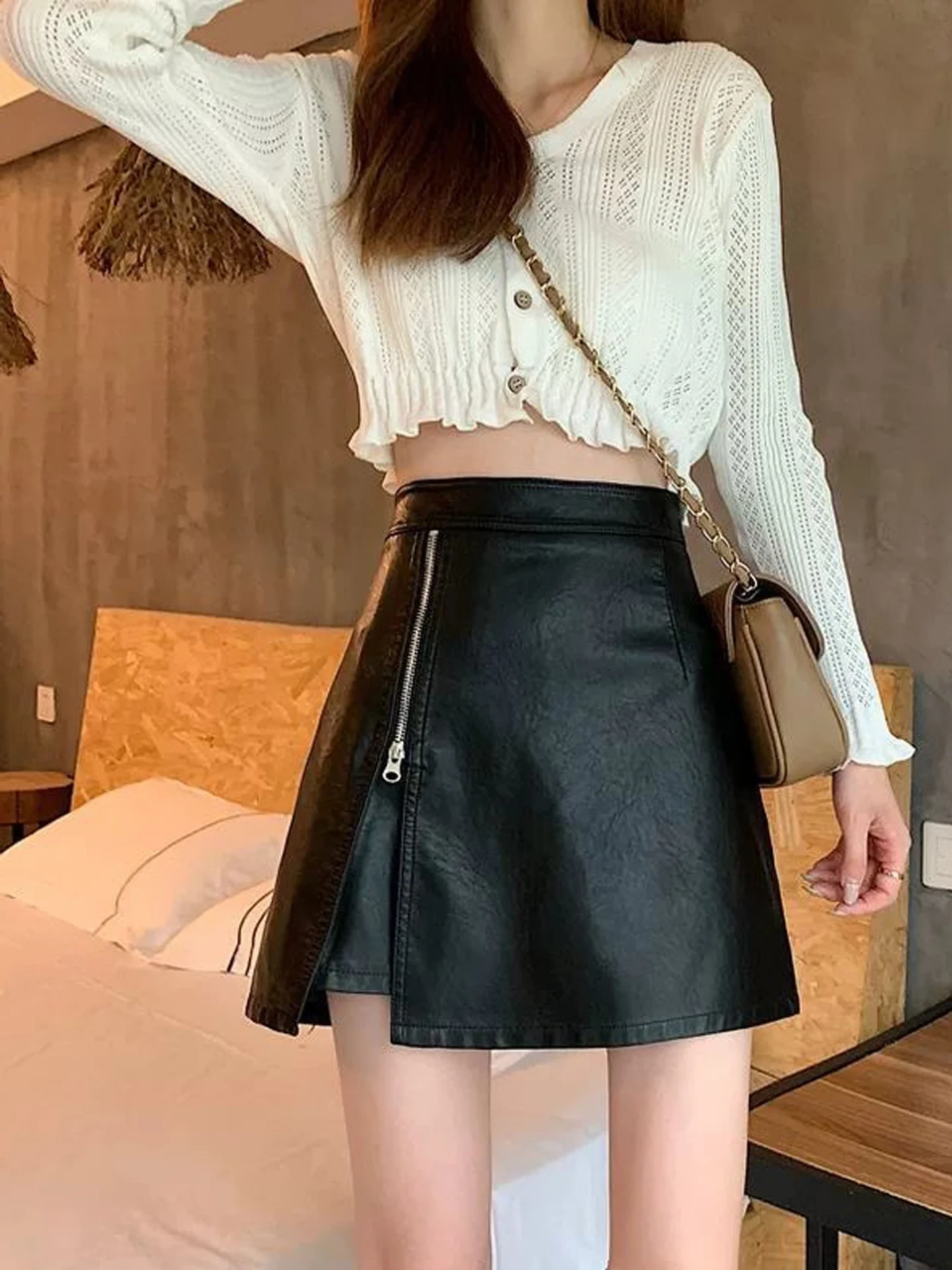 High Waist Zipper PU Leather  Skirt Women's Fashionable A-Line Short Skirt Autumn New Style Korean Design Compact Fit