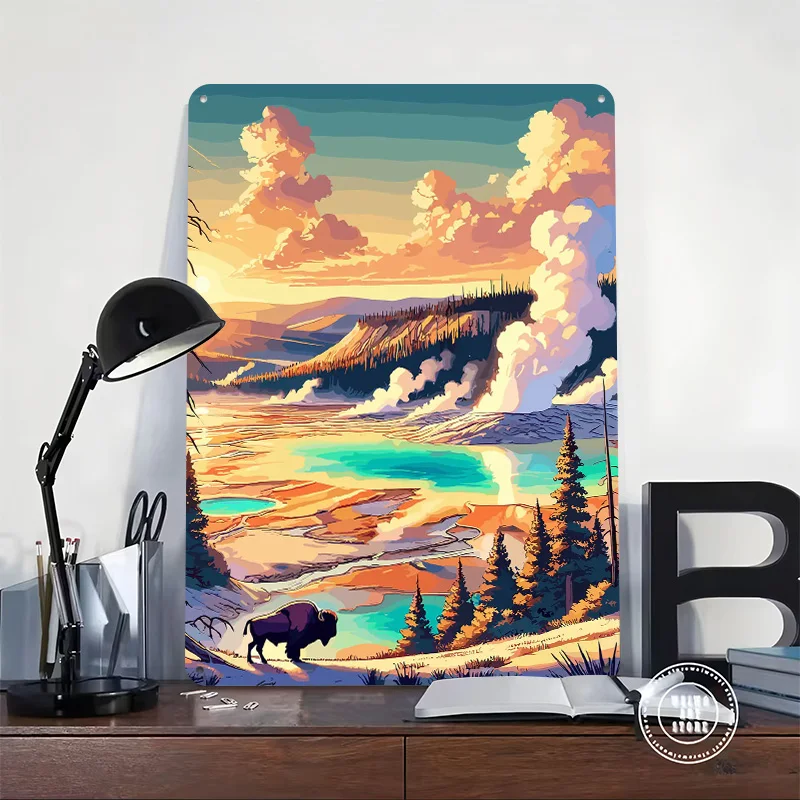 Yellowstone Bison Sunset 3D Texture Metal Poster Customized Wall Art Tin Sign Gift for Mancave Home Decorations Room Decor Items