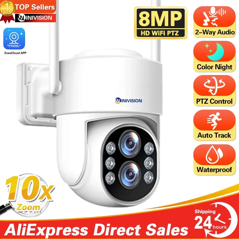 

8MP 4K WiFi IP Camera 10X PTZ Zoom Outdoor Security Camera Surveillance AI Track Dual Lens HD Screen Mini Street Camera 360°View