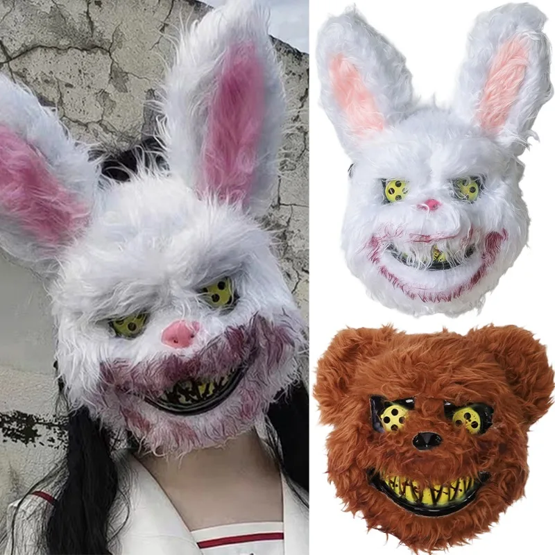 Máscara de coelhinho de pelúcia sangrenta para homens e mulheres, Halloween Festival, máscara de horror realista, acessórios de moda