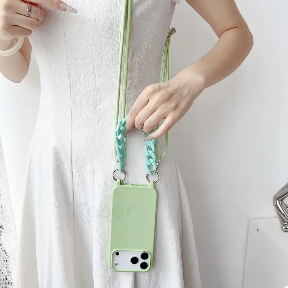 Crossbody الحبل الاكريليك سوار ماتي لينة الحال بالنسبة آيفون 12 13 14 15 16 17 برو ماكس زائد السائل سيليكون غطاء مقاوم للصدمات