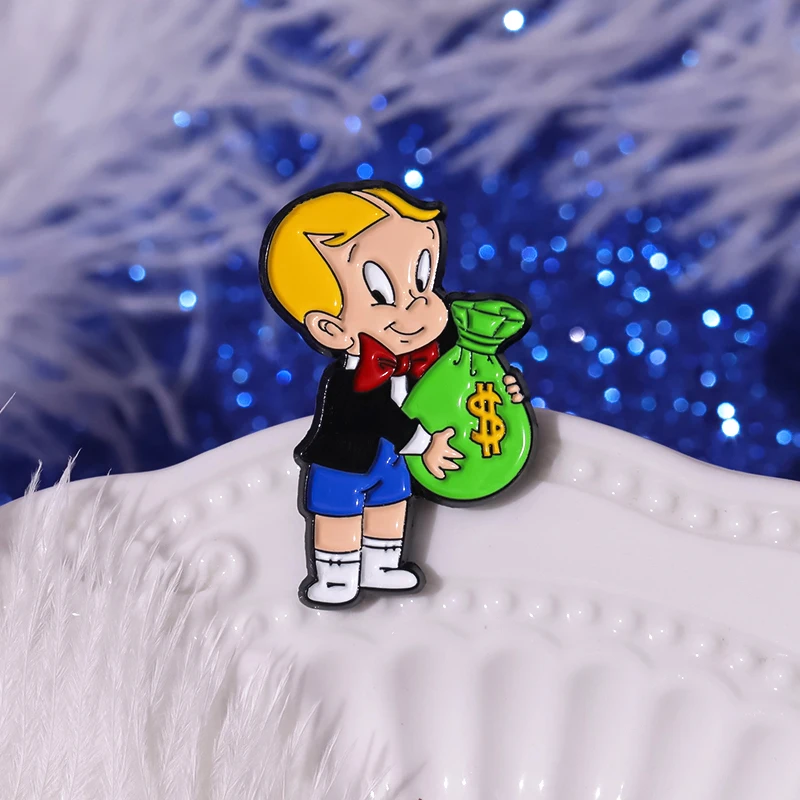 Cartoon Richie Rich Money Bag Brooch Enamel Pin Custom Cute Boy Badge Accessories Decoration Fashion Jewelry Pin Gift for Friend