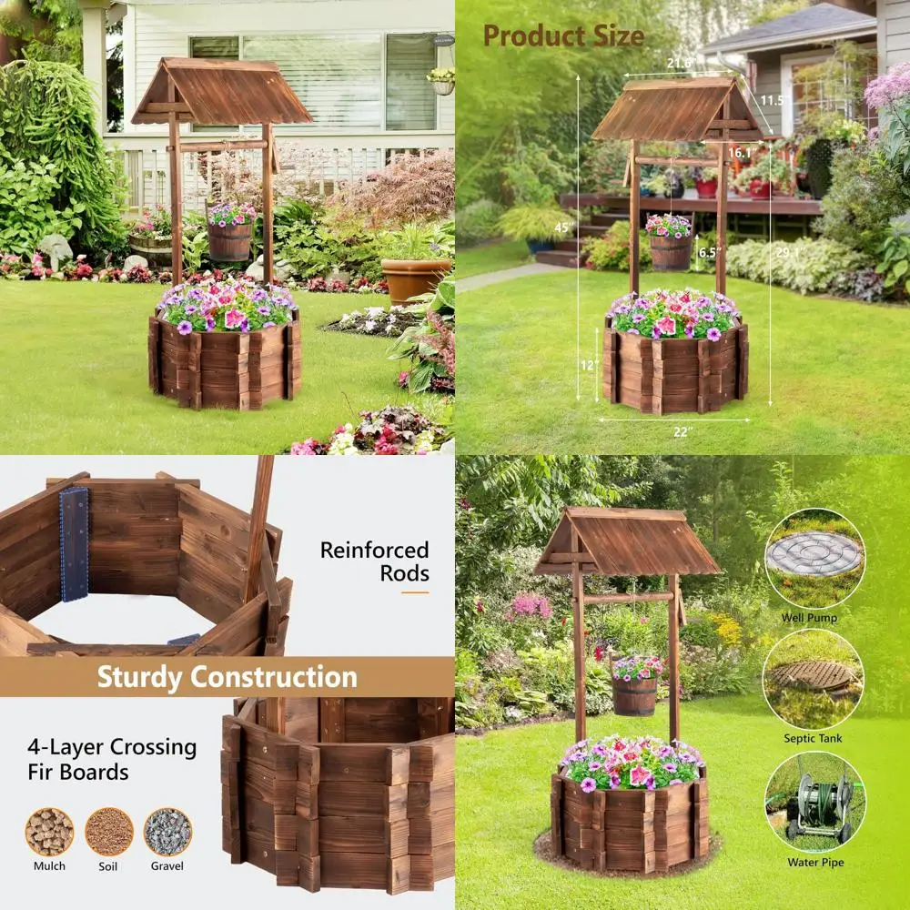 

Rustic Wooden Outdoor Wishing Well Planters with Adjustable Hanging Bucket and Reinforced Support Rods