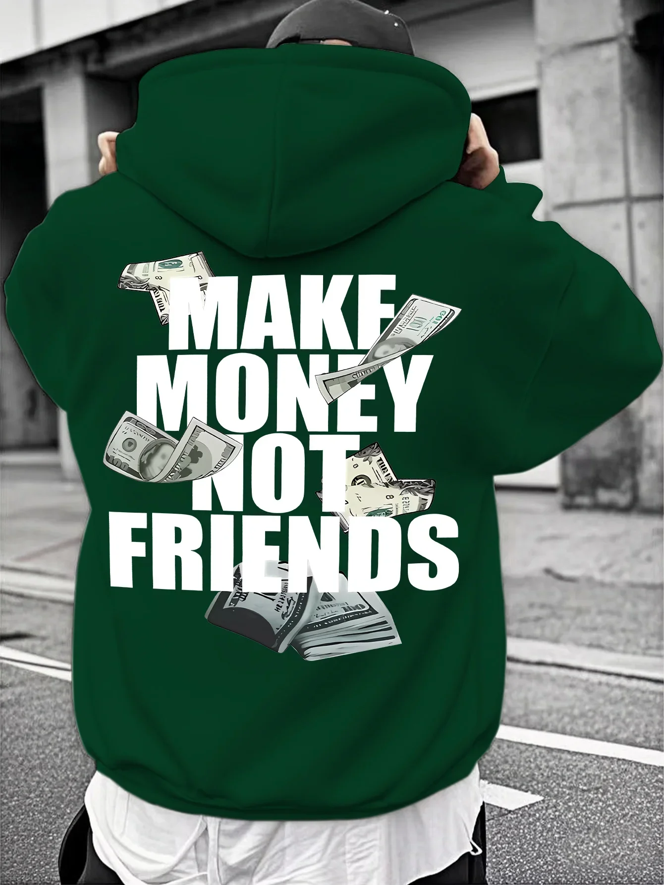 Men's Make Money Not Friends Hoodie Dollar Graphic Back Print Oversized Streetwear Pullover Sweatshirt Loose Fit Hooded Top