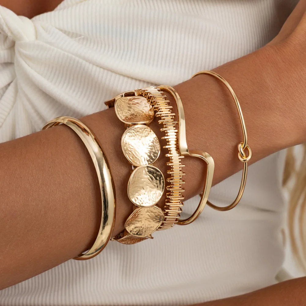 5pcs Hip-hop Punk Irregularly Knotted Open Bracelet Set Fashion Metal Smooth Wavy Layered Bangles for Women Stackable Jewelry
