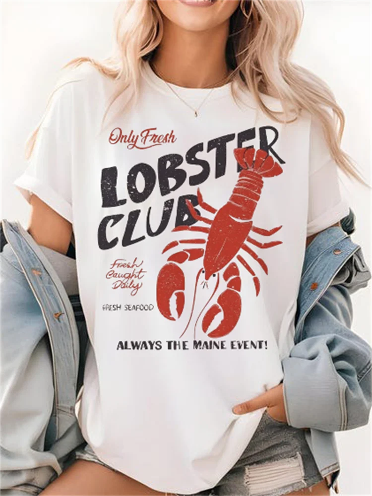 Holiday Travel Fashion T-Shirt Street Printed Lobster Club Cute O-Neck Women's Casual Summer Short Sleeved Top White T-Shirt