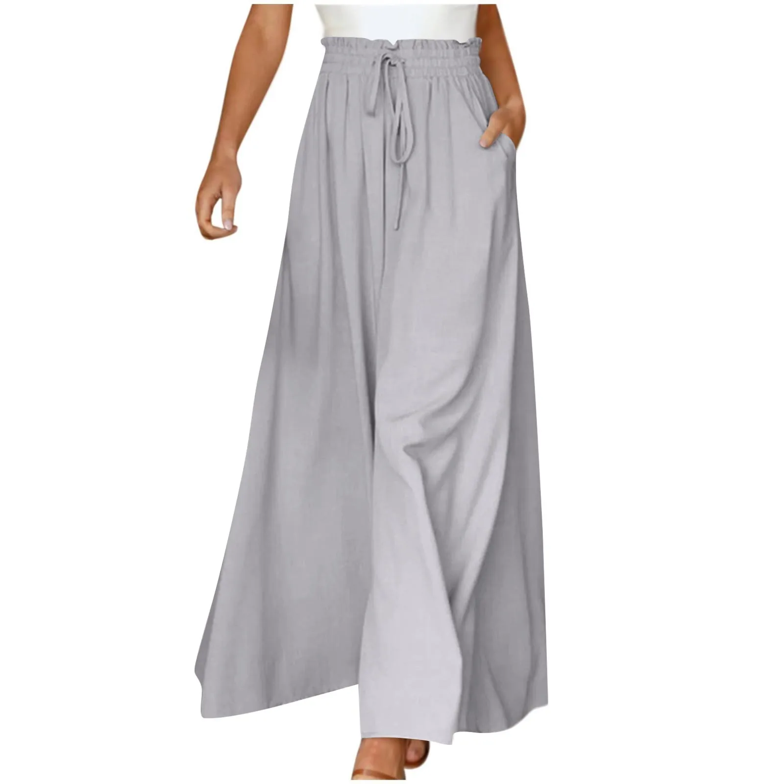 

Women'S Solid Color Cropped Pants Drawstring Elastic Waist Loose Wide Leg Pants Summer Comfortable Cool High Waist Pants