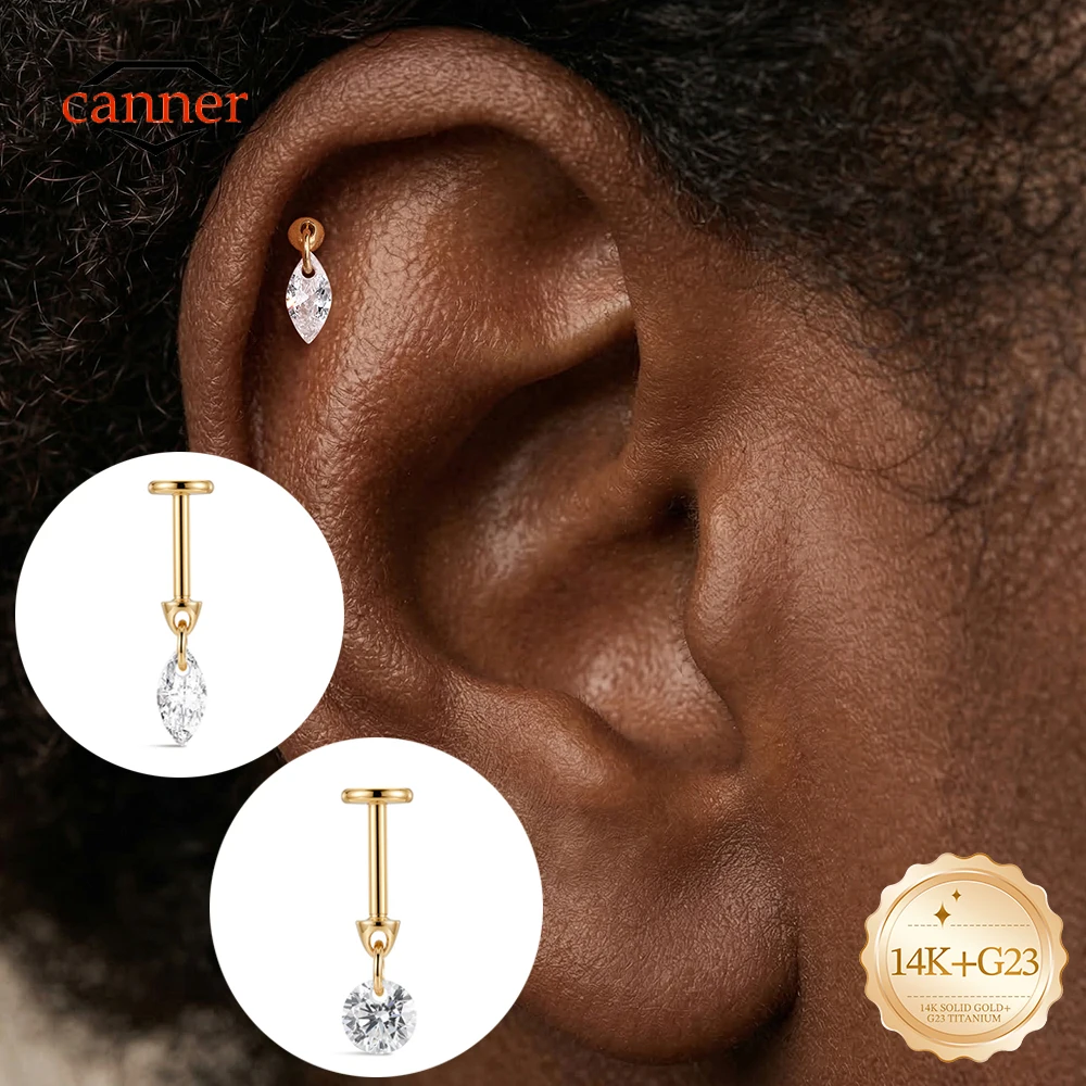CANNER 1PC 14K Solid Gold Marquise CZ G23 Titanium Flat Back Piercing Cartilage Earring For Women INS Luxury Ear Jewelry Gift