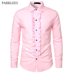 Pembe fırfır Ruche fırfır smokin gömlek erkekler Retro 70s uzun kollu düğme aşağı Pleats gömlek Mens düğün yemeği Homme sie Homme