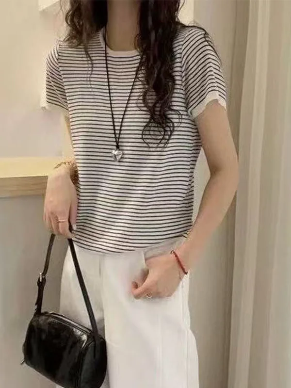 Slimming Effect Ice Silk Fabric Knitted Short Sleeve Women's round Neck Striped Loose Fit Top Summer Versatile Fashionable 20...