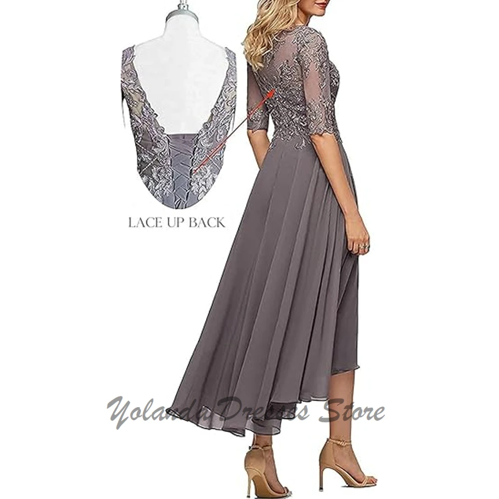 Customized Mother of The Bride Dresses for Wedding 3/4 Sleeve Tea Length Beaded Formal Evening Lace Appliques Prom Dress Lace Up
