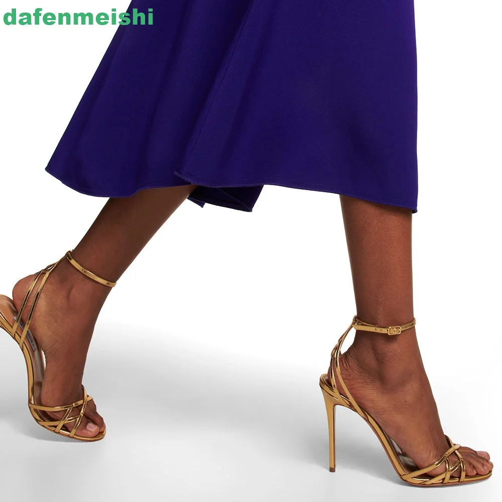 Sandali da donna con cinturino incrociato in Pu dorato Open Toe cinturino alla caviglia con tacco Super alto Slingback tacchi sottili 2024 scarpe da