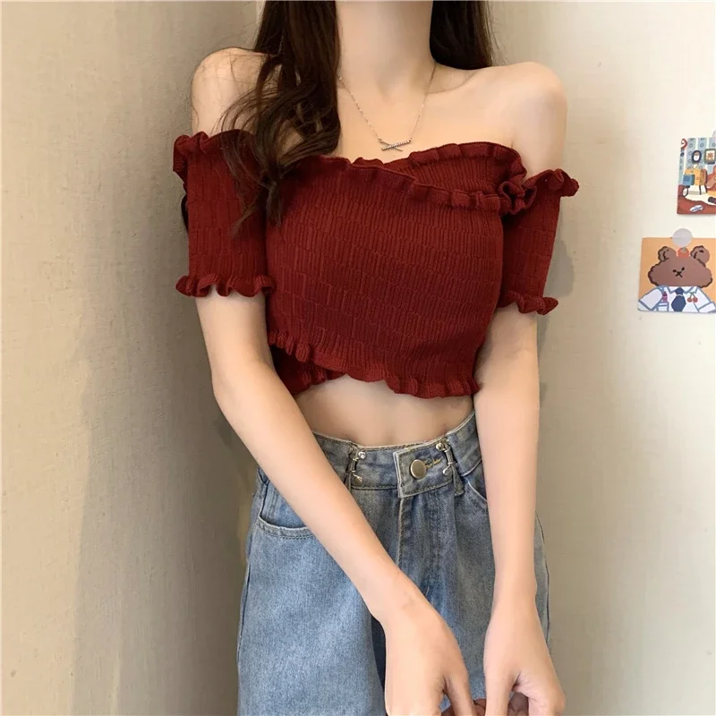 ZHUANQING Off Shouder T-Shirt Knitting  Crop Top European And American Style Dew Shoulder Lapels Short Sleeves Women Clothes