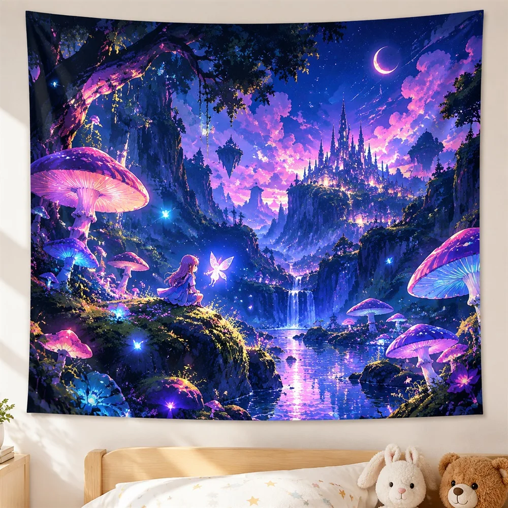 VIKAMA Forest Spirit Anime Tapestry Wall Hanging, Aesthetic Fantasy Anime Room Decor Tapestries for Bedroom Living Room Study