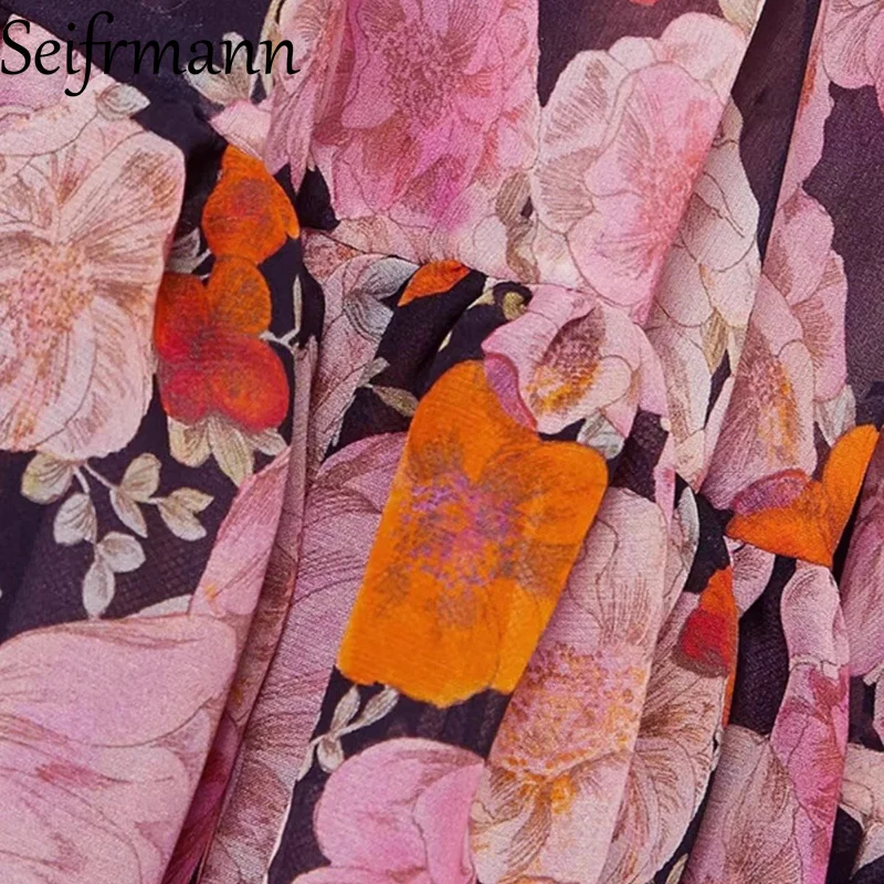 Seifrmann Elegancka damska sukienka na imprezę z kwiatowym nadrukiem i kwadratowym dekoltem z falbanami Sukienki z wysokim stanem