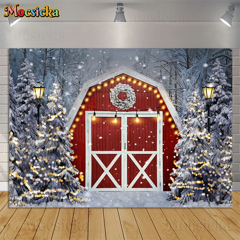 

Christmas Tree Photography Backdrops Xmas Red Barn Kids Baby Birthday Portrait Background Winter Snow Scene Frozen Forest Photo